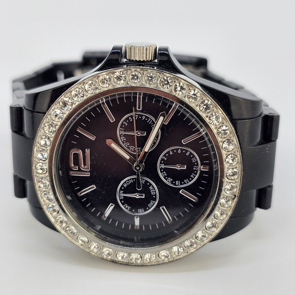 Women's Watch 40MM Black Dial Crystal Bezel Black Bracelet Band 6.5" New Battery